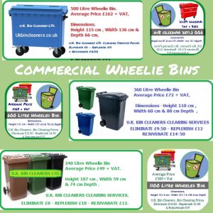  Commercial Wheelie Bins Price New , Dimensions Height width and Depth, Cleaning Service Price
